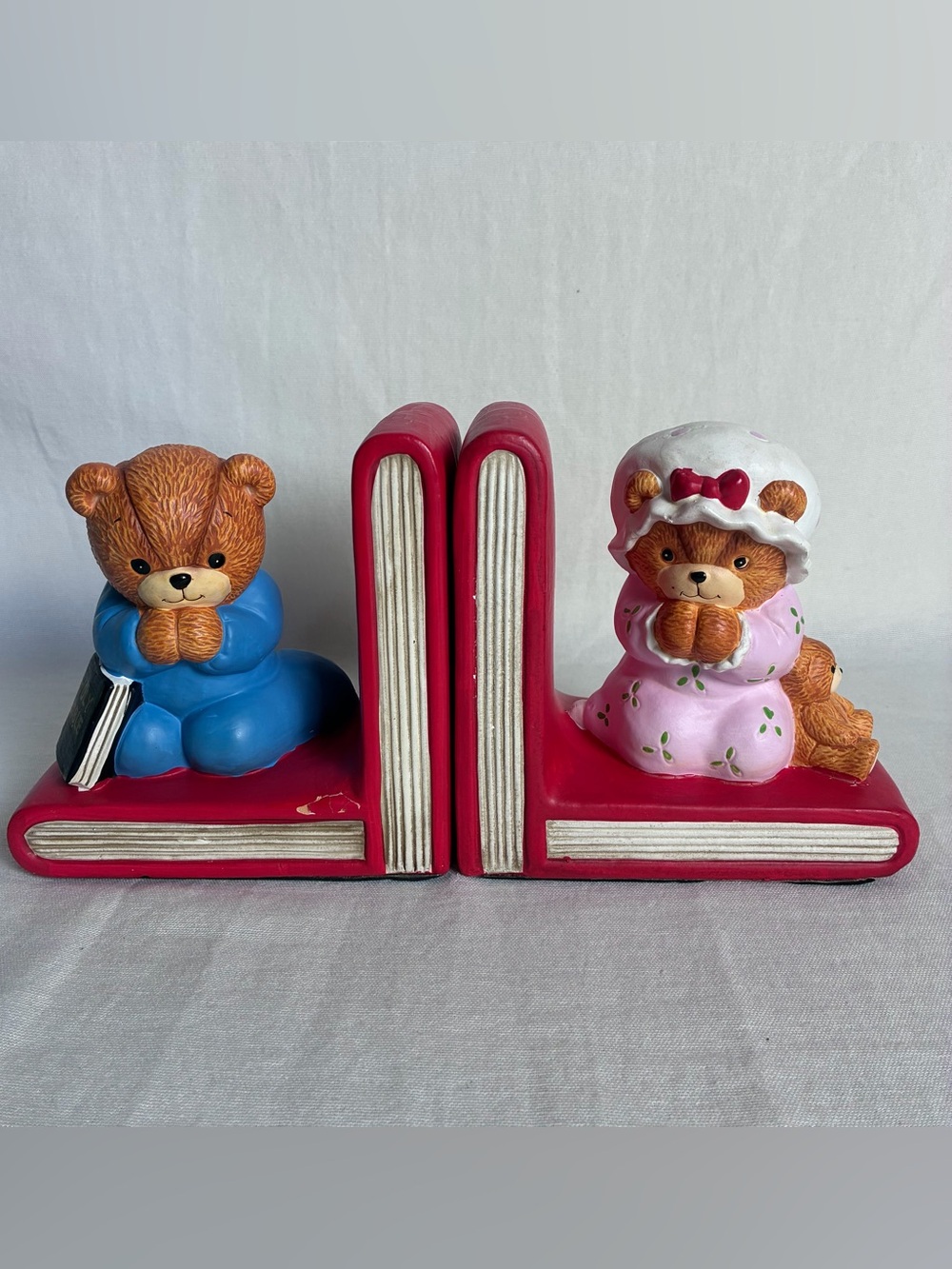 Enesco Blue and Pink Bear Bookend Pair with Red Book Bases